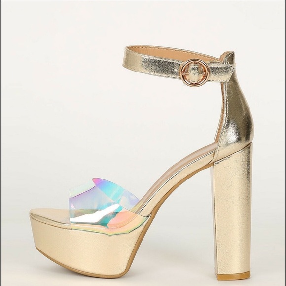 ROUGE Shiny Iridescent Ankle Strap Platform Heels - Picture 4 of 8